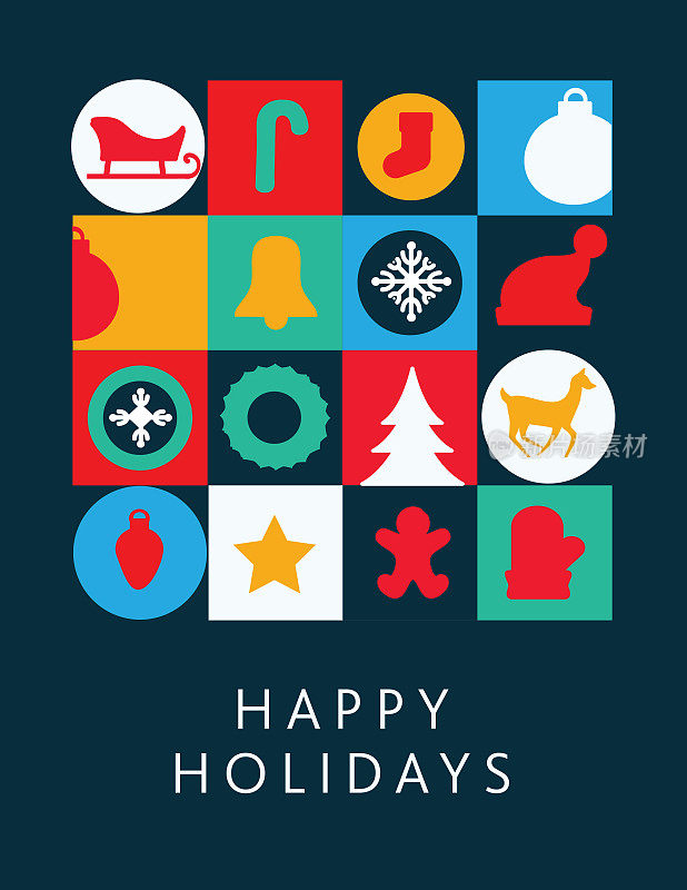 Happy Holidays Greeting card flat design template with geometric shapes and simple icons
